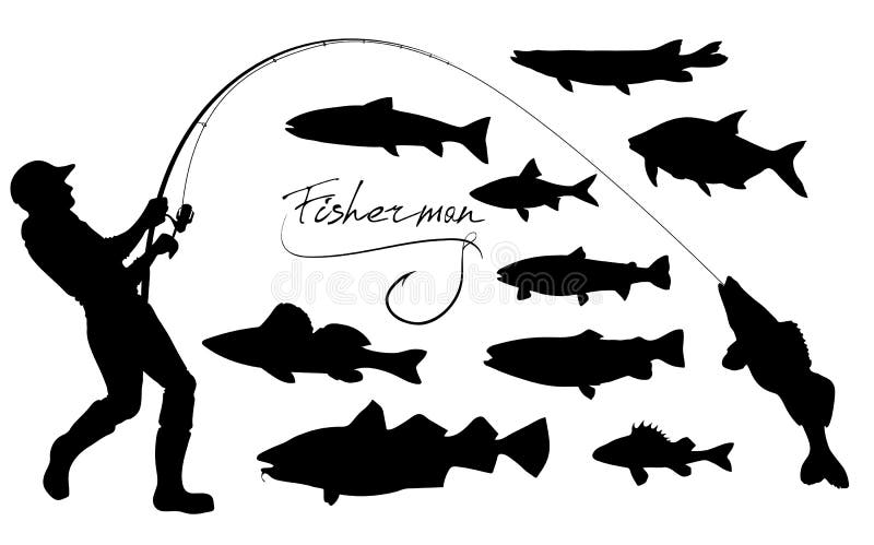 Silhuetas do pescador e dos peixes