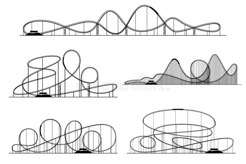 Roller coaster vector silhouettes. Rollercoaster or amusement park rollers isolated. Rollercoaster on funfair monochrome illustration. Roller coaster vector silhouettes. Rollercoaster or amusement park rollers isolated. Rollercoaster on funfair monochrome illustration