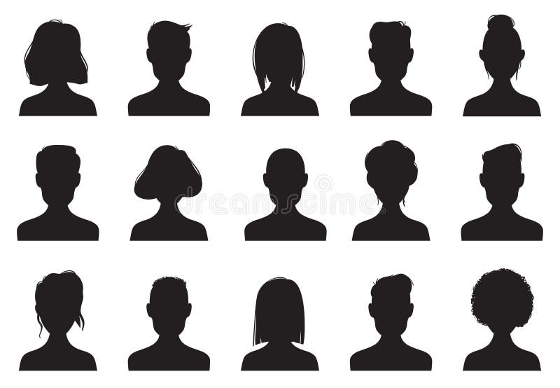 Silhuetas dos ícones do perfil Os povos anônimos enfrentam o ícone principal do avatar da silhueta, da mulher e do homem Imagens