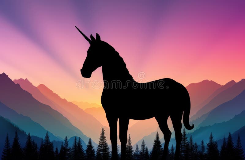 Silhuett av en enhörn mot ett färgstarkt bergslandskap royaltyfri illustrationer