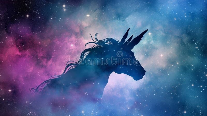 Silhuett av en fantasi Unicorn mot ett nattskikt i rymden. generativ ai stock illustrationer