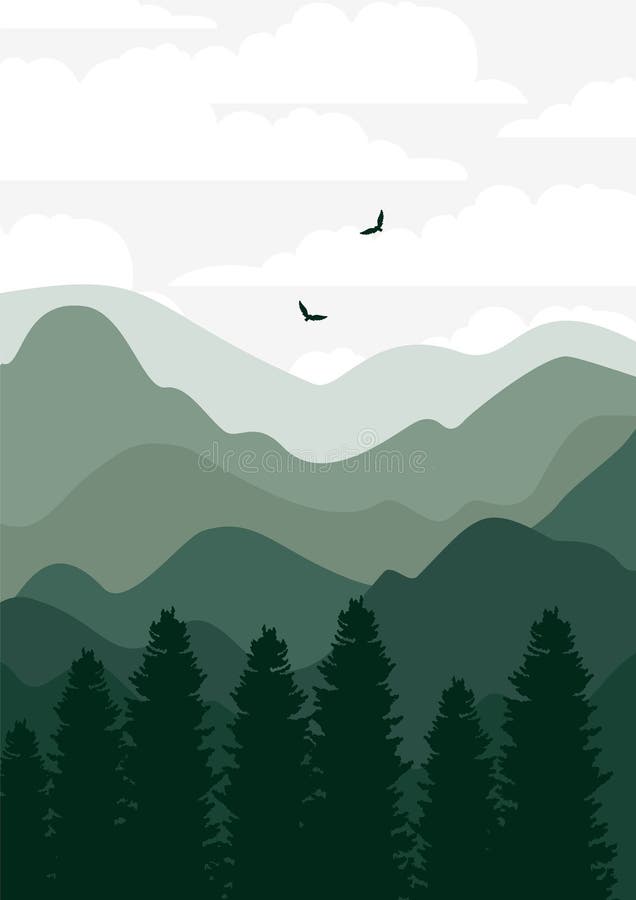 Silhuett av tallträdsskog i bergen. Estetiskt grönlandskap 2d illustration vektor illustrationer