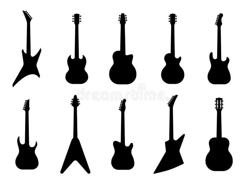 Silhuettes de guitarra Guitarras elétricas de rocha acústica e pesada contornem instrumentos musicais, símbolos musicais, vetor i ilustração royalty free Silhuettes de guitarra Guitarras elétricas de rocha acústica e pesada contornem instrumentos musicais, símbolos musicais, vetor i ilustração royalty free