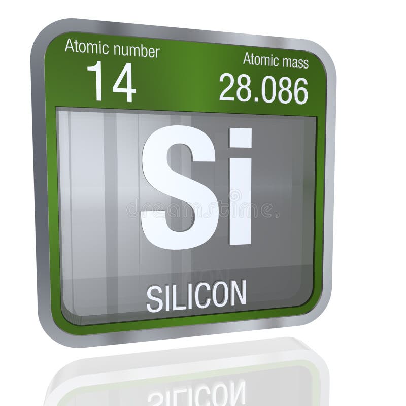 Silicon symbol in square shape with metallic border and transparent background with reflection on the floor. 3D render vector illustration Silicon symbol in square shape with metallic border and transparent background with reflection on the floor. 3D render vector illustration