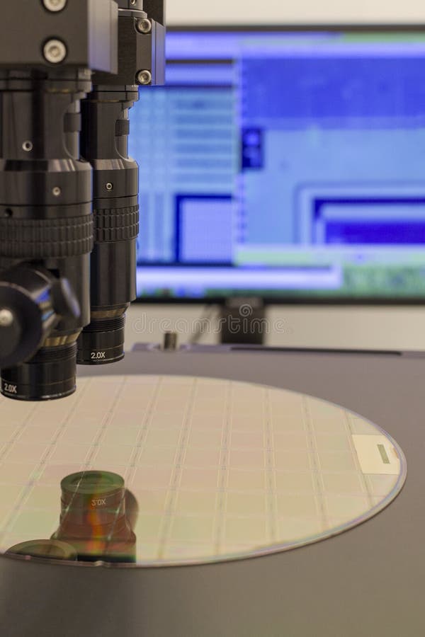Silicon Wafer on Machine Process Examining in Microscope Stock Image Image of manufacturing