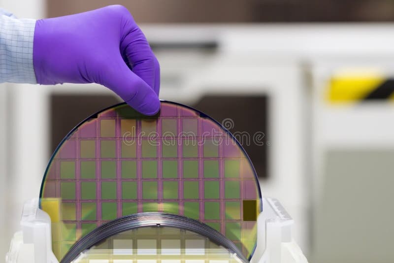 Silicon Wafer with semiconductors in plastic white storage box take out by hand in gloves inside clean room