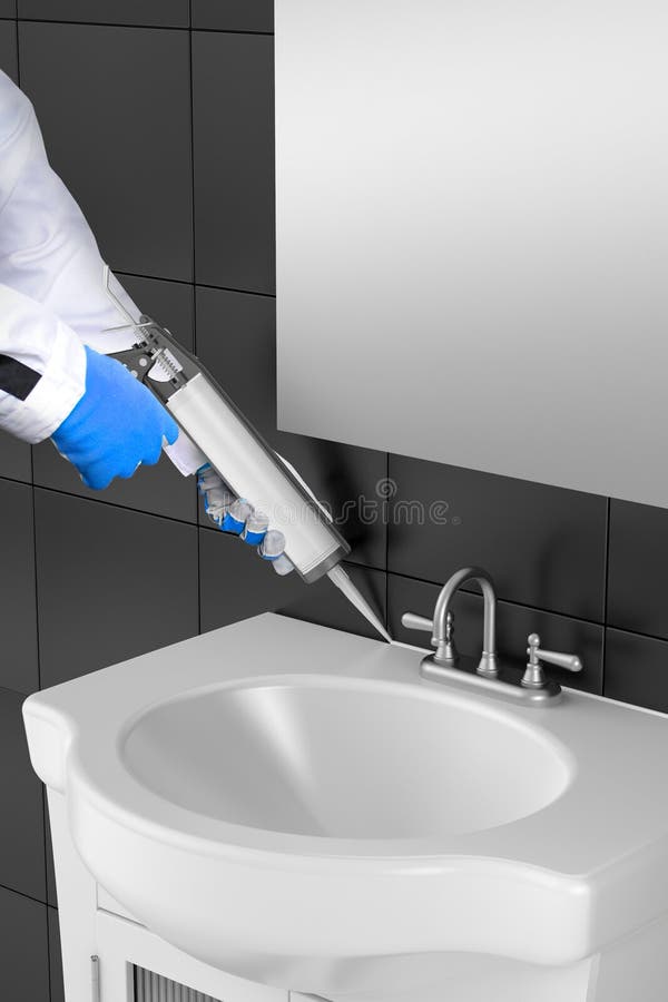 Silicone sealant gun, tiles and Sink in a bathroom