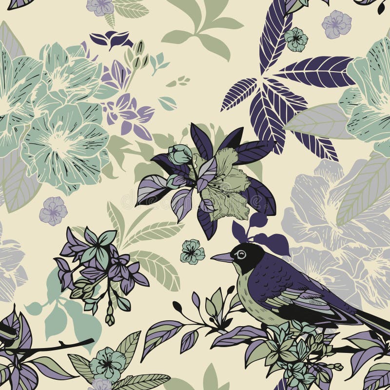 Silk flowers and birds seamless pattern vector illustration Silk flowers and birds seamless pattern vector illustration