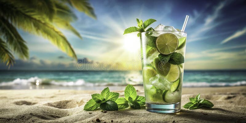 Silky Smooth Summer Mojito Long Exposure Beach Cocktail Photography Capturing the Essence of a Sunny Vacation vektor illustrationer