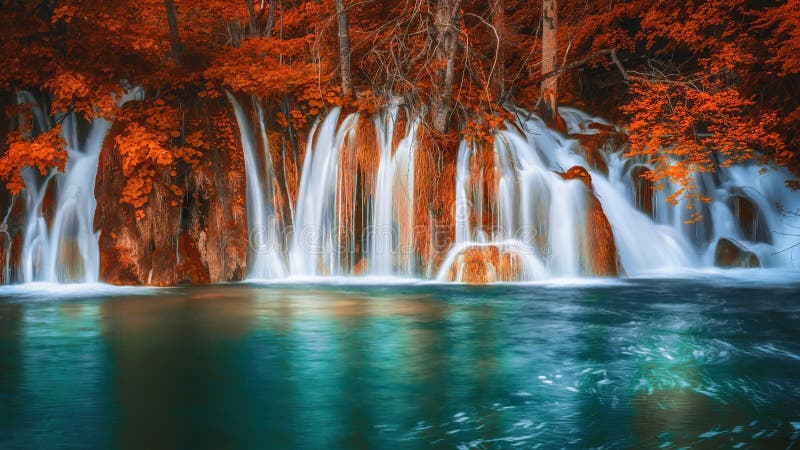 Silky Waterfalls in a Forest with Foliage in a Fantasy Autumn Red Color ...