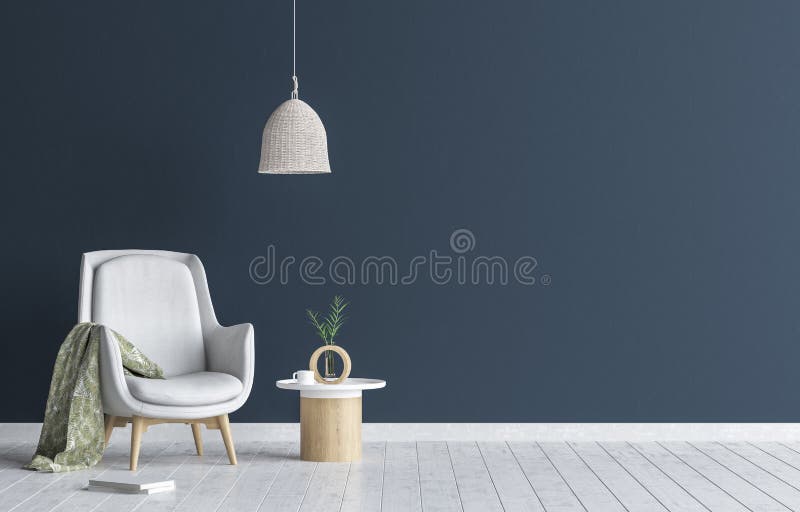 Silla con la lámpara y la mesa de centro en la sala de estar interior, mofa azul marino de la pared encima del fondo