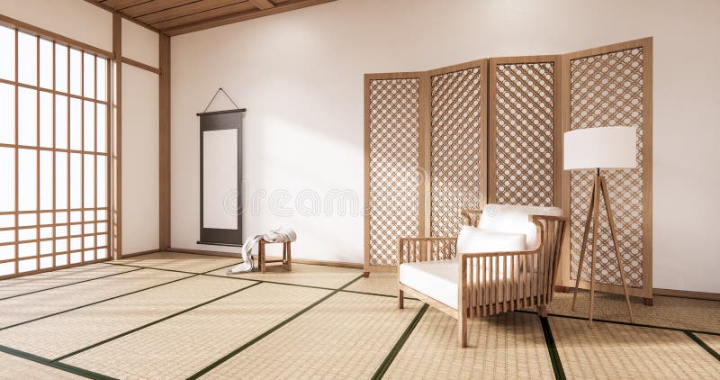 Silla De Brazo De Madera Y Partición Japonesa En La Habitación Interior  Tropical Con Tatami Suelo De Mat Y Pared Blanca Represent Stock de  ilustración - Ilustración de estilo, flor: 197075131