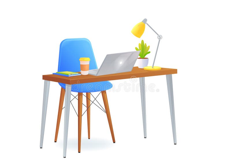 Silla de la oficina con la tabla y ordenador portátil y una taza de café al lado de los libros y lámpara y planta bonita Muebles ilustración del vector Silla de la oficina con la tabla y ordenador portátil y una taza de café al lado de los libros y lámpara y planta bonita Muebles ilustración del vector