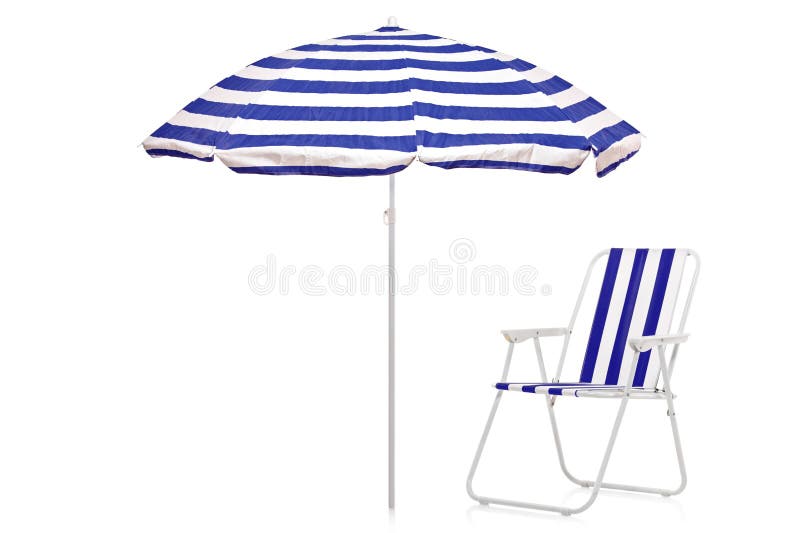 Silla rayada azul y blanca del paraguas y de playa