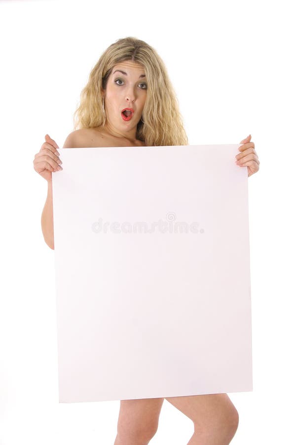 Silly beautiful naked blonde holding a blank sign