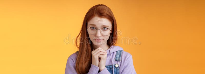 Silly Guilty Young Shy Redhead Girlfriend Asking Forgiveness