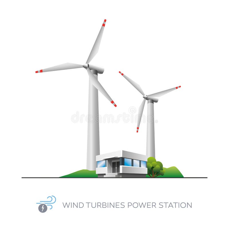 Isolated wind turbines power station illustration with office building on white background. Isolated wind turbines power station illustration with office building on white background