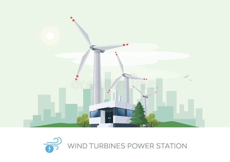 Vector illustration of wind turbines power station building icon with sun and urban city skyscrapers skyline on green turquoise background. Vector illustration of wind turbines power station building icon with sun and urban city skyscrapers skyline on green turquoise background.