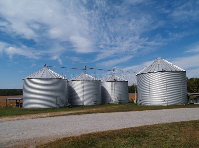 Four farm silos beside a country rock road in front of ripening soybean field with plenty of copy space. Four farm silos beside a country rock road in front of ripening soybean field with plenty of copy space.