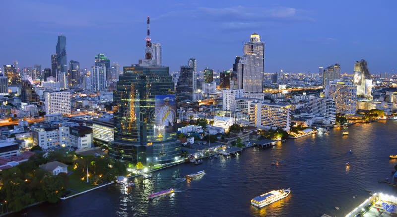 Silom, Sathorn and Chao Phraya River by Night in Bangkok Editorial ...