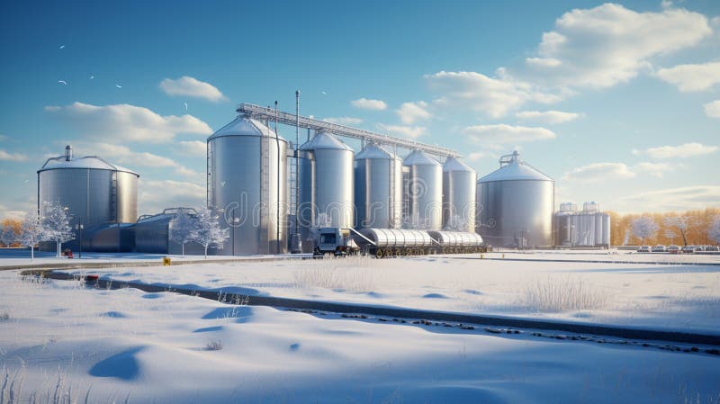 Silos and agroprocessing plant for processing background vector illustration