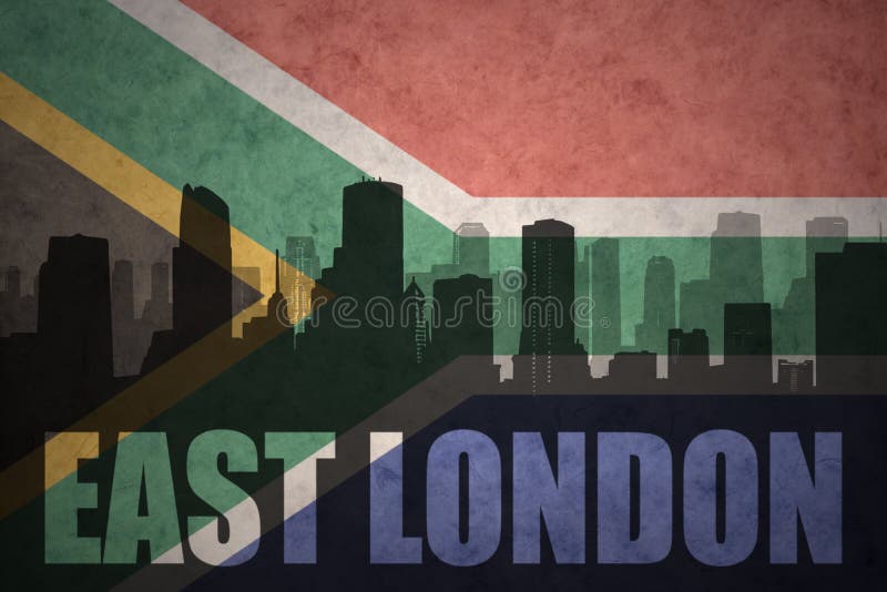 Silueta abstracta de la ciudad con el texto Londres del este en la bandera de Suráfrica del vintage ilustración del vector Silueta abstracta de la ciudad con el texto Londres del este en la bandera de Suráfrica del vintage ilustración del vector