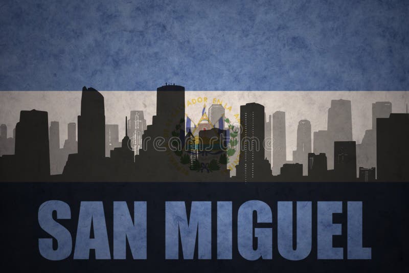 Silueta abstracta de la ciudad con el texto San Miguel en la bandera de salvadoreño del vintage ilustración del vector Silueta abstracta de la ciudad con el texto San Miguel en la bandera de salvadoreño del vintage ilustración del vector