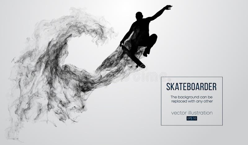 Abstract silhouette of a skateboarder on the white background from particles, dust, smoke, steam. Skateboarder jumps and performs the trick. Background can be changed to any other. Vector illustration. Abstract silhouette of a skateboarder on the white background from particles, dust, smoke, steam. Skateboarder jumps and performs the trick. Background can be changed to any other. Vector illustration