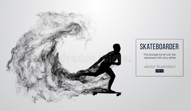 Abstract silhouette of a skateboarder on the white background from particles, dust, smoke, steam. Skateboarder jumps and performs the trick. Background can be changed to any other. Vector illustration. Abstract silhouette of a skateboarder on the white background from particles, dust, smoke, steam. Skateboarder jumps and performs the trick. Background can be changed to any other. Vector illustration