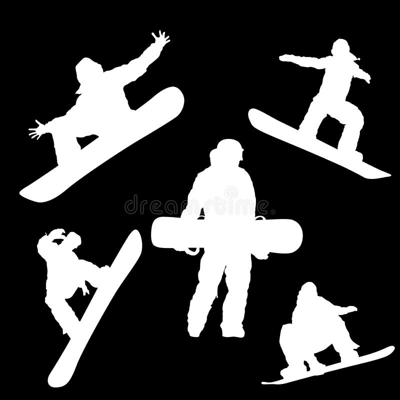 Silueta blanca de un hombre con una snowboard en un fondo negro ilustración del vector Silueta blanca de un hombre con una snowboard en un fondo negro ilustración del vector