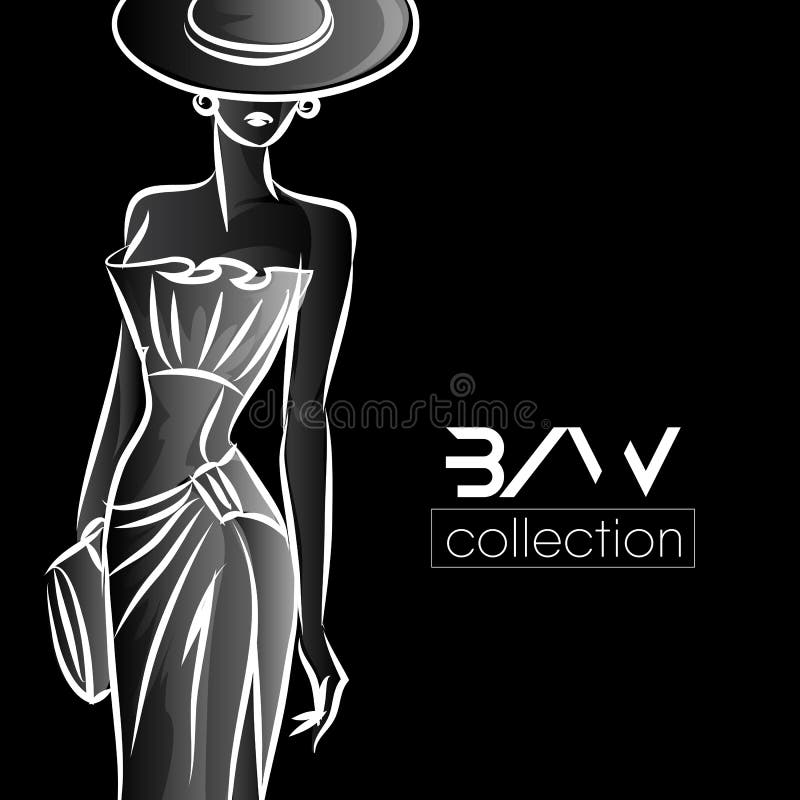 Silueta blanco y negro de la mujer de la moda, modelo de moda hermoso en el ejemplo negro del logotipo del fondo ilustración del vector Silueta blanco y negro de la mujer de la moda, modelo de moda hermoso en el ejemplo negro del logotipo del fondo ilustración del vector