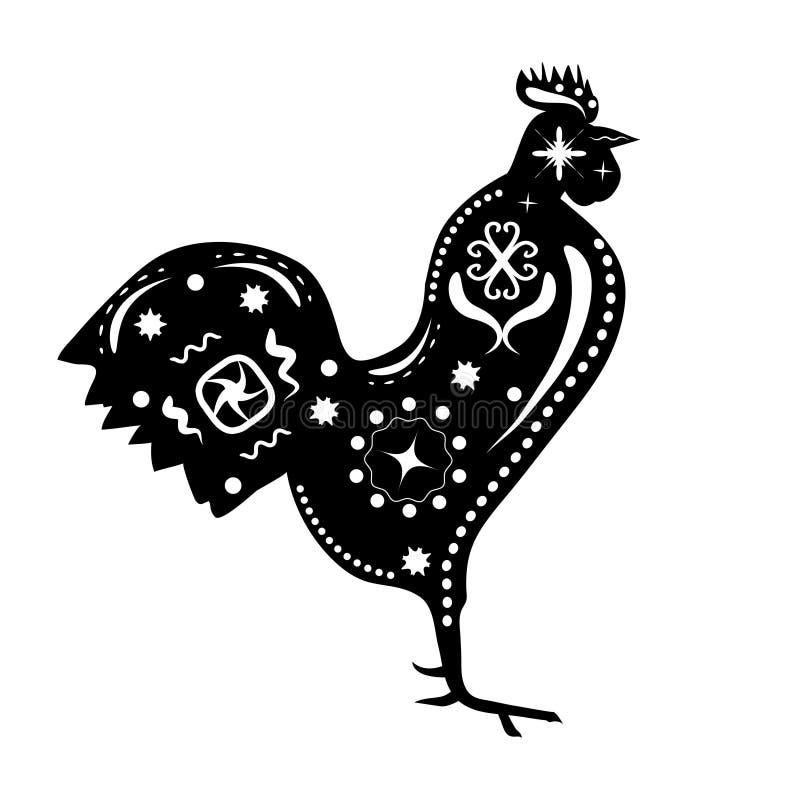 Silueta blanco y negro de un gallo con el modelo tradicional stock de ilustración Silueta blanco y negro de un gallo con el modelo tradicional stock de ilustración