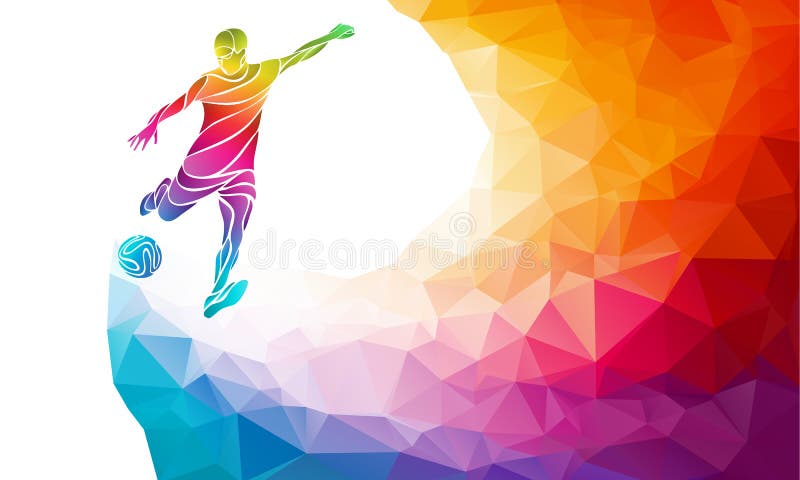 Silueta creativa del jugador de fútbol El futbolista golpea la bola con el pie en arco iris colorido abstracto de moda del polígo libre illustration
