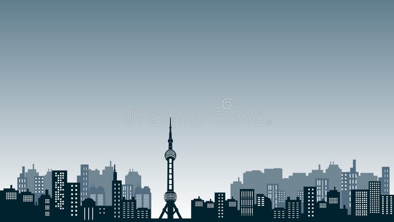 Silueta de ciudad de edificios altos con fondo oriental de perla shanghai stock de ilustración