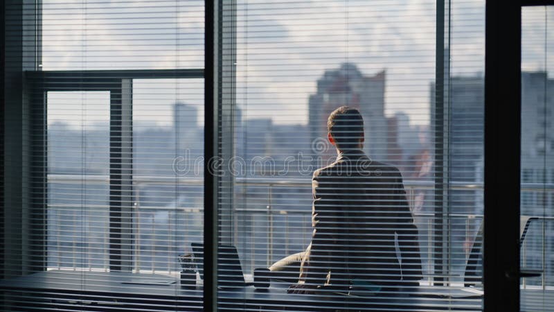 Silueta de gerente contemplando la vista trasera de la oficina panorámica de la ciudad. Pensamiento del hombre metrajes