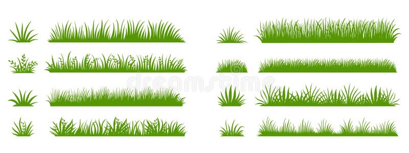Silueta de hierba verde Líneas de caricatura de plantas y arbustos para el embarque y la enmarcación, elementos ecológicos y de l
