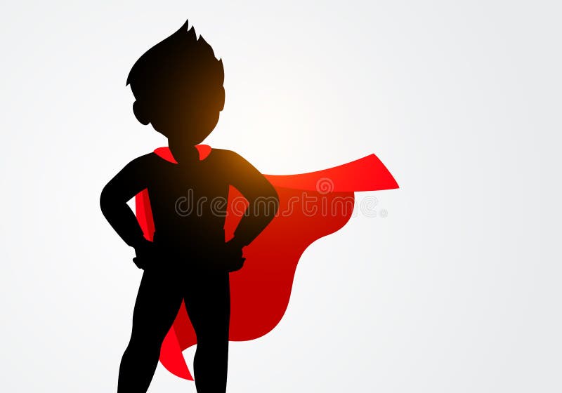 Silueta de ilustración vectorial de niño con traje de superhéroe. niño en posición de superhéroe.