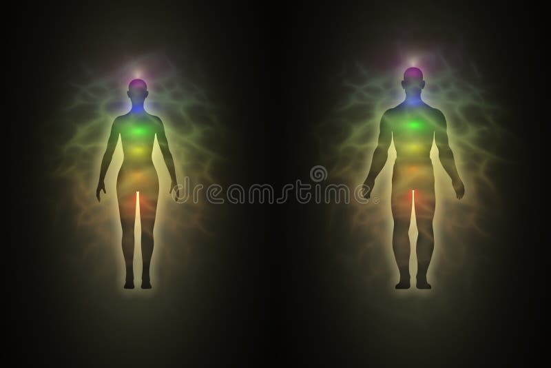 Silueta de la mujer y del hombre, aureola, chakras, energía ilustración del vector Silueta de la mujer y del hombre, aureola, chakras, energía ilustración del vector