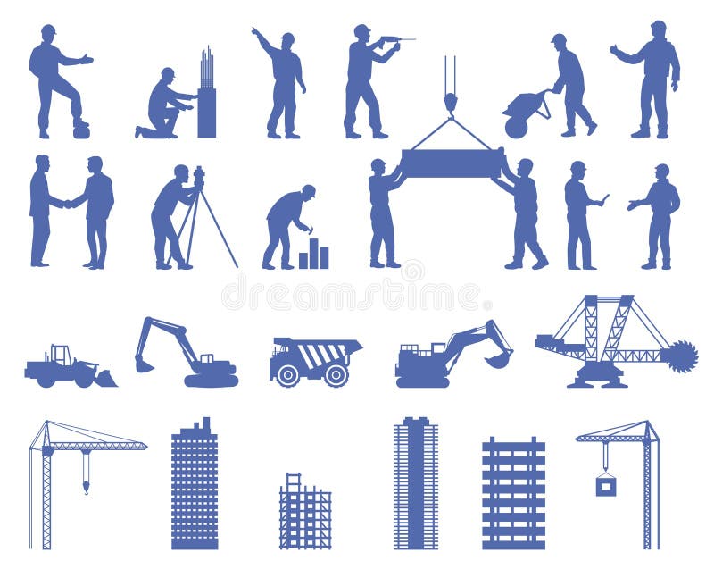 Silueta de lucru a constructorului, set plat vector izolat royalty free illustration