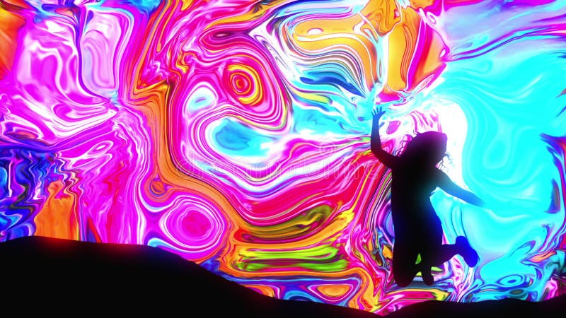 Silueta de mujer negra sobre animación psicodélica líquida colorida en fondo multicolor ilustración del vector