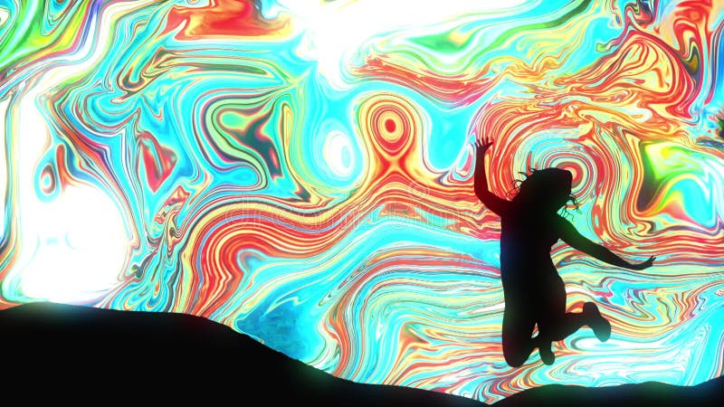 Silueta de mujer negra sobre animación psicodélica líquida colorida en fondo multicolor stock de ilustración