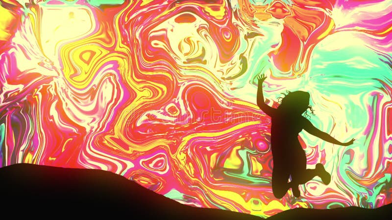 Silueta de mujer negra sobre animación psicodélica líquida colorida en fondo multicolor stock de ilustración