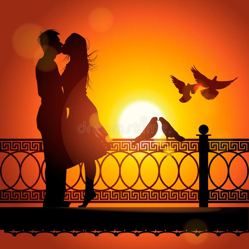 Silueta de pares en el amor que se besa en la puesta del sol libre illustration Silueta de pares en el amor que se besa en la puesta del sol libre illustration