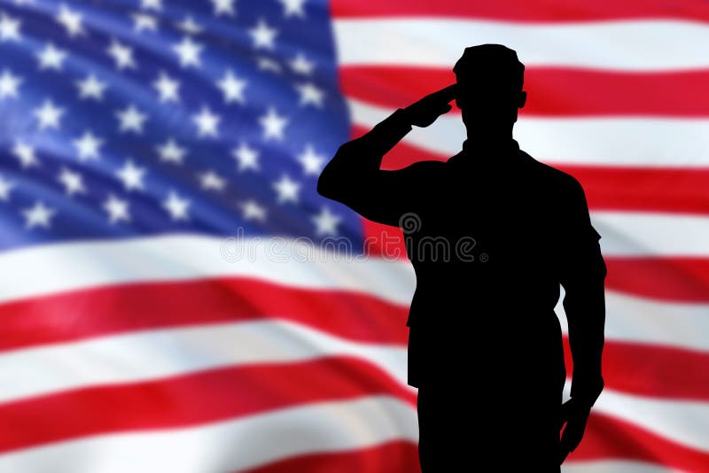 Silueta de soldados saludando a la bandera de estados unidos por el día de la memoria o el día de los veteranos