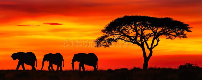 Silueta de tres elefantes caminando bajo un árbol al atardecer en la sabana africana imagenes de archivo