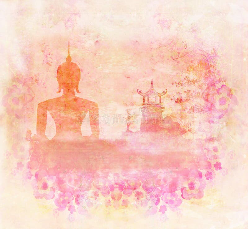Silueta de un Buda, paisaje asiático en textura del grunge stock de ilustración Silueta de un Buda, paisaje asiático en textura del grunge stock de ilustración
