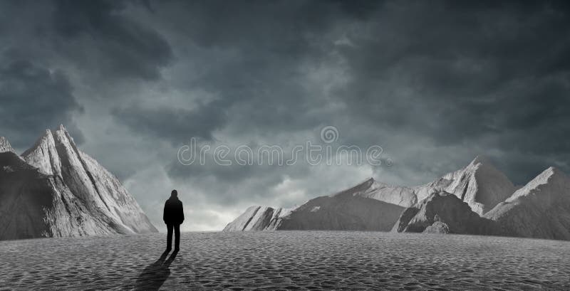 Silueta de un hombre en el paisaje desértico concepto de incertidumbre del futuro foto de archivo libre de regalías