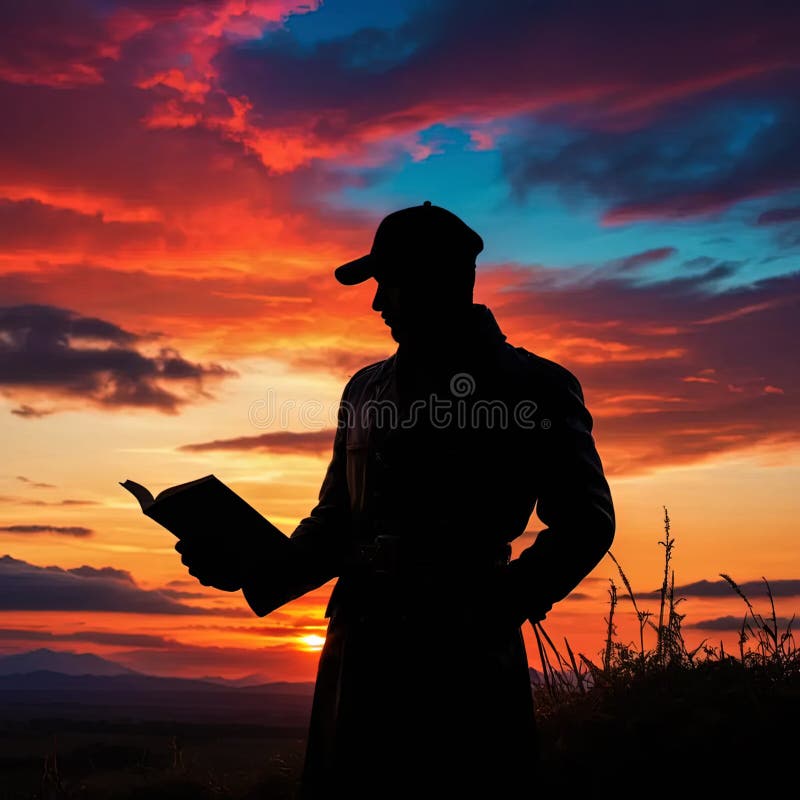 Silueta de un hombre leyendo libro al aire libre al atardecer ilustración del vector