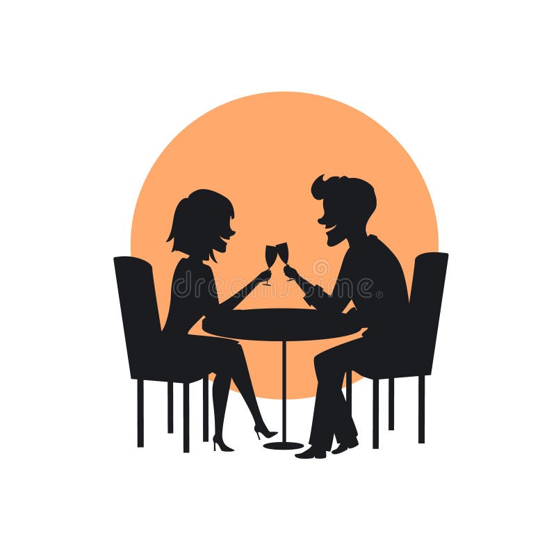 Silueta de un par alegre feliz en amor una fecha romántica en el restaurante stock de ilustración Silueta de un par alegre feliz en amor una fecha romántica en el restaurante stock de ilustración