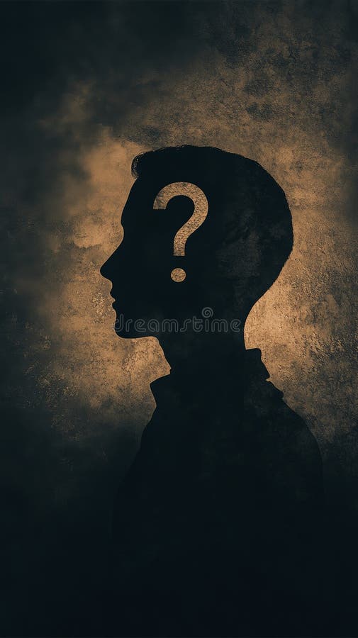 Silueta de una cabeza con un signo de interrogación sobre un fondo oscuro texturado. concepto de incertidumbre y misterio. ideal p fotografía de archivo